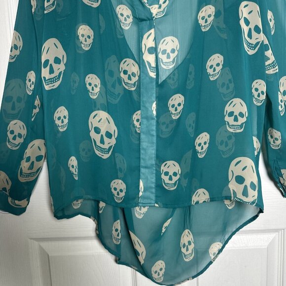 Honey Punch Large Skull Long Sleeve Teal Green Y2K Aria Top Office Halloween - Picture 4 of 11